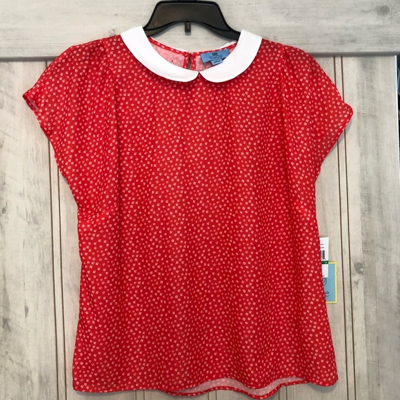 CeCe Tops - CeCe Red Printed Shirt With White Collar